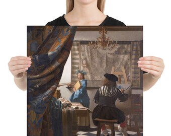 May include: A painting depicting an artist painting a woman in a blue dress. The artist is wearing a black and white striped jacket and a black hat. The painting is set in a room with a checkered floor and a large map on the wall.