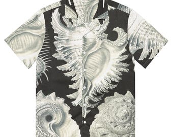 May include: A black short-sleeved button-up shirt with a white and gray seashell print.
