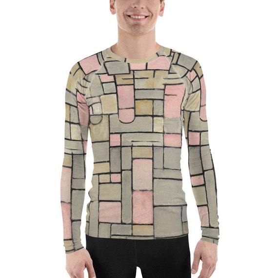Men's Rash Guard  Mondriaan Composition in Grey and Pink - Aesthetic Inspired Fashion Vintage Art Print Gift for Art Lover
