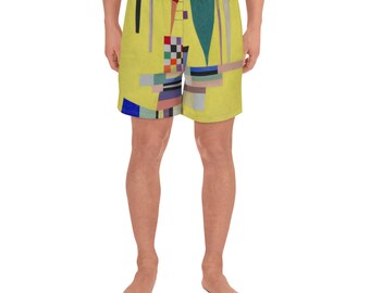 May include: Yellow athletic shorts with a geometric pattern in shades of blue, green, red, and black.
