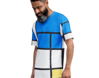 Mondrian Large Blue Plane Men's T-Shirt – Geometric De Stijl Wearable Art Tee Gift for Art Lovers