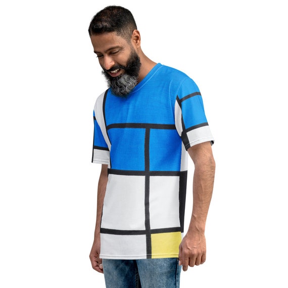 Men's T-shirt  Mondrian  Composition with Large Blue Plane, Red, Black, Yellow, and Gray - Fashion Art