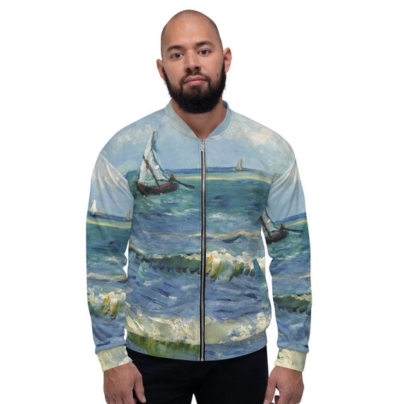 Unisex Bomber Jacket  Vincent van Gogh  Seascape with Boats - Aesthetic Inspired Fashion Vintage Art Print Gift for Art Lover