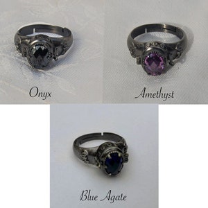 Gothic Poison ring with secret compartment.  Amethyst , Blue Agate or Black Onyx gem. One SIZE FITS ALL.