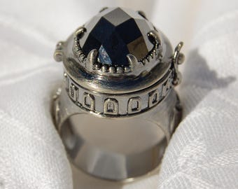 Stunning Gothic Poison ring with secret compartment. Black Zirconia gem.  Large and Heavy. Most impressive.