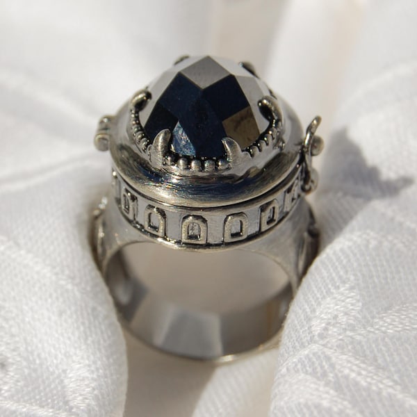 Stunning Gothic Poison ring with secret compartment. Black Zirconia gem.  Large and Heavy. Most impressive.