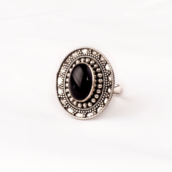 Bague Vintage 1970 En Argent Sterling 925 Avec Onyx Noir Et Marcassite - Taille 55 - Style Ethnique - Neuf De Stock