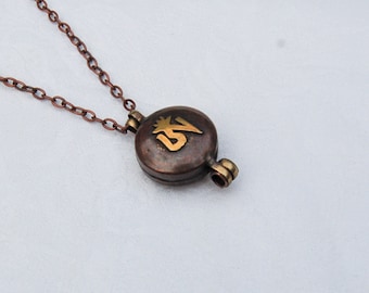 Vintage Copper Pill Box Necklace on long chain.