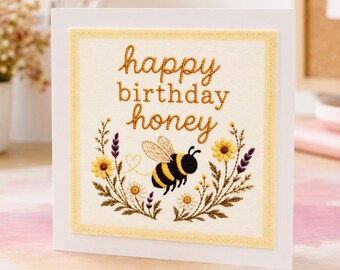 Happy Birthday Honey - Bee Greeting Card - Wife Girlfriend Sister Mum - Handmade Stitched Fabric Panel