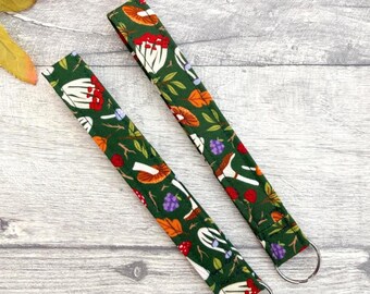 Autumn Mushroom Fabric Wristlet Keychain - Handmade Woodland Key Fob and Wrist Strap
