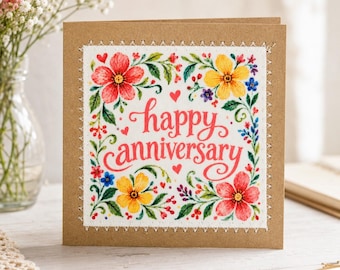 Happy Anniversary Card - Handmade Fabric Floral Greeting Card - Blank Inside