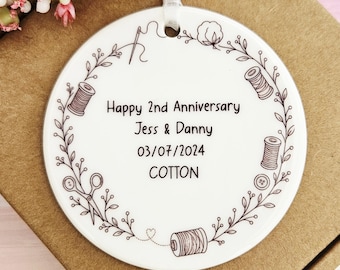 2nd Wedding Anniversary Ceramic Ornament - Personalised Cotton Anniversary Keepsake Gift for Husband Wife Couple