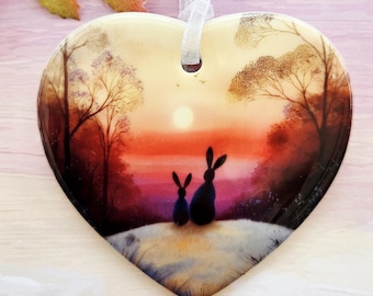 Hare Sunset Ceramic Heart Keepsake -  Thinking of You - Sympathy Ornament Gift