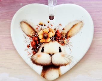 Floral Bunny Ceramic Ornament - Rabbit Hanging Heart - Easter Gift