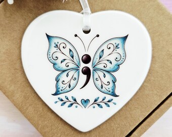 Semi Colon Butterfly Ceramic Heart - Mental Health Gift - Suicide Awareness - Anxiety Depression Awareness Ornament