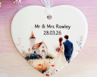 Personalised Wedding Ceramic Ornament - Mr and Mrs Keepsake - Church Wedding Gift