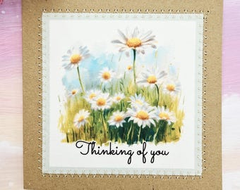 Handmade Thinking of You Card,  Daisy Flower Fabric Print Design
