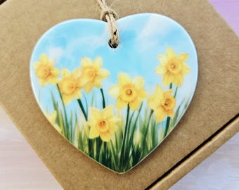 Daffodil Ceramic Heart Ornament - Birth Flower Keepsake