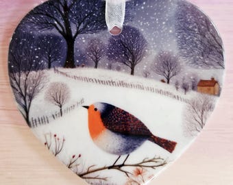 Robin Ceramic Ornament - English Countryside Winter Scene