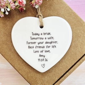 Personalised Mother of the Bride ceramic heart gift with wedding date and daughter message keepsake.