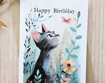 Cat Happy Birthday Card – Handmade Birthday Greeting with Whimsical Floral Illustration