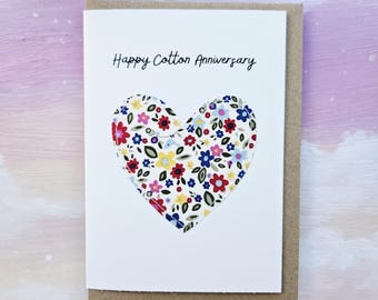Handmade Cotton Anniversary Greeting Card – Stitched Fabric Heart - A6