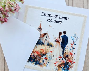 Personalised Wedding Card - Church with Flowers Fabric Illustration