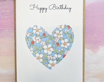 Handmade Floral Birthday Card - Liberty Fabric Applique Heart - Choose Single or Set of 6