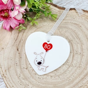 Regalo per l'80° compleanno, 80° compleanno, Regalo personalizzato, Ricordo dell'80° compleanno, Regalo per lei, Cuore in ceramica, Cane, Palloncino