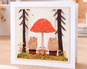 Handmade Mice in Forest Greeting Card - Fabric Print with Stitched Detail