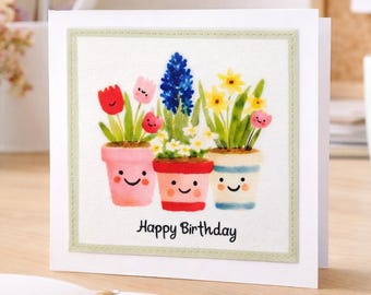 Handmade Plant Pots Happy Birthday Card - Fabric Print with Stitched Detail