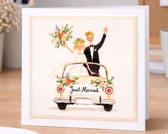 Just Married Wedding Card - Handmade Fabric Print with Stitched Detail