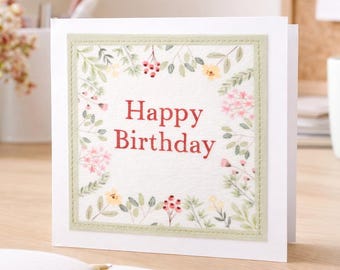 Handmade Floral Happy Birthday Card - Fabric Print with Stitched Detail