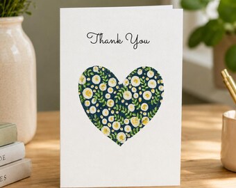 Handmade Thank You Card – Stitched Applique Fabric Heart - A6 - Blank Inside