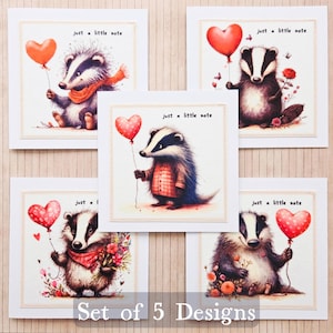 May include: A set of five greeting cards with badger illustrations. Each card shows a badger holding a heart-shaped balloon or flowers. The text "just a little note" is printed on each card, which has a stitched border.