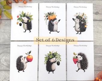 Whimsical Hedgehog Birthday Card Pack  – Set of 6 Handmade Woodland Greeting Cards - Blank Inside