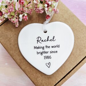 Personalised ceramic heart gift beautifully packaged in kraft box, custom hanging keepsake ornament for birthday, friend gift or thoughtful personalised present.