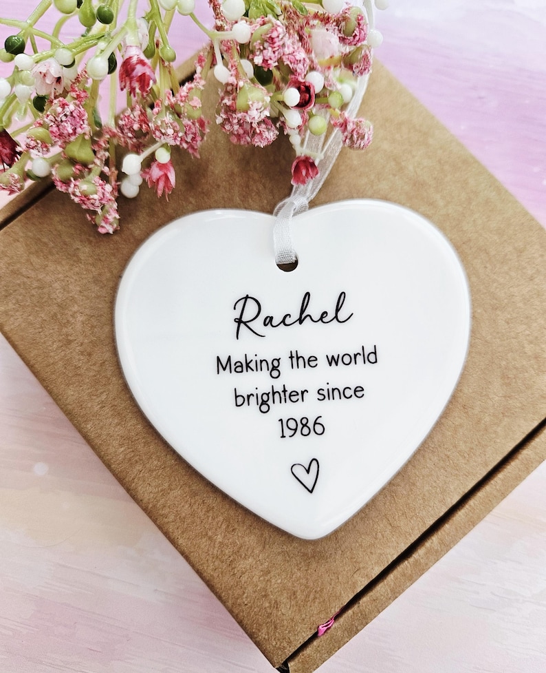 Personalised ceramic heart gift beautifully packaged in kraft box, custom hanging keepsake ornament for birthday, friend gift or thoughtful personalised present.