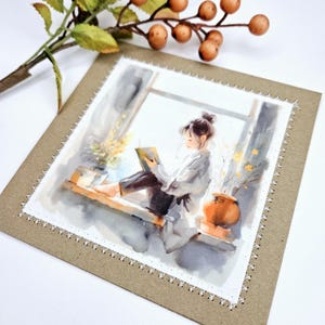 Girl Who Loves Books, boekenliefhebber, wenskaart, blanco kaart, boekenwurm, leesgrage, verjaardag, stoffen printkaart, handgemaakt