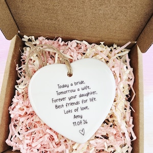 Mother of the Bride thank you gift ceramic heart displayed in pink and cream gift box.