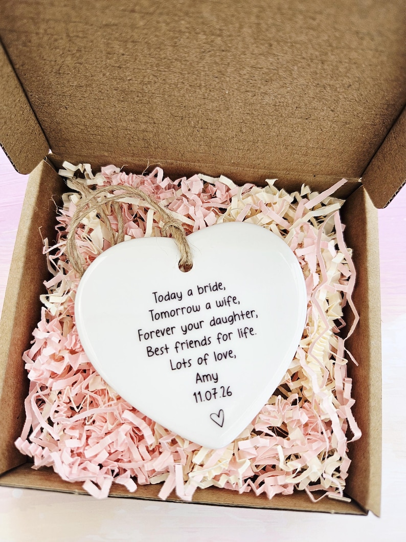 Mother of the Bride thank you gift ceramic heart displayed in pink and cream gift box.