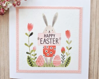 Happy Easter Bunny Card –  Handmade Spring Greeting - Fabric Print Design