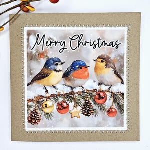 Carte de Noël rouge-gorge, oiseaux mignons avec boules, joyeux Noël, carte de vœux, carte de voeux faite main en tissu, carte de Noël oiseaux des bois