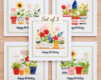 Handmade Flower Pots Birthday Card Pack – Set of 5 Fabric Print Cards with Stitched Design