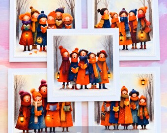 Set of 5 Handmade Carol Singer Christmas Cards with a Fabric Stitched Design