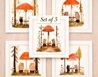 Woodland Mushroom Tea Party Card Pack – Set of 5 Handmade Fabric Cards