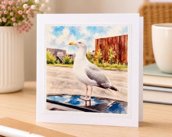 Seagull Greeting Card - Coastal Bird - Handmade Fabric Print - Blank Inside