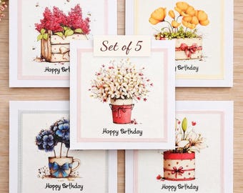 Handmade Floral Birthday Card Pack – Set of 5 Fabric Print Cards with Stitched Design