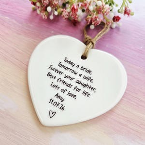 Personalised bridal thank you gift for Mother of the Bride ceramic hanging heart.