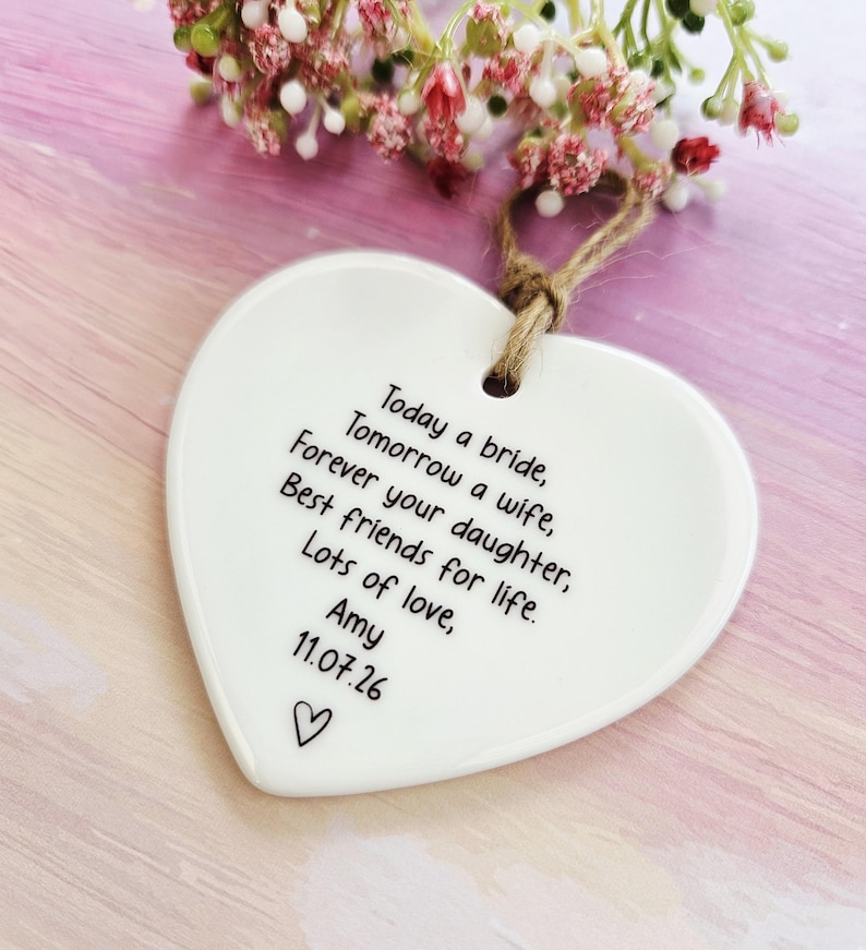 Personalised bridal thank you gift for Mother of the Bride ceramic hanging heart.